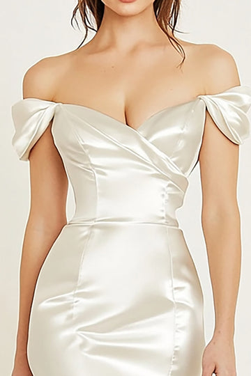 White Bodycon Off the Shoulder Satin Graduation Dress
